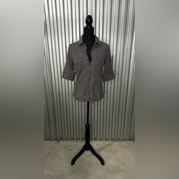 Women’s James Perse Gray 1/2 Sleeve Button Down Shirt Blouse Designer Size 4 - Picture 1 of 3